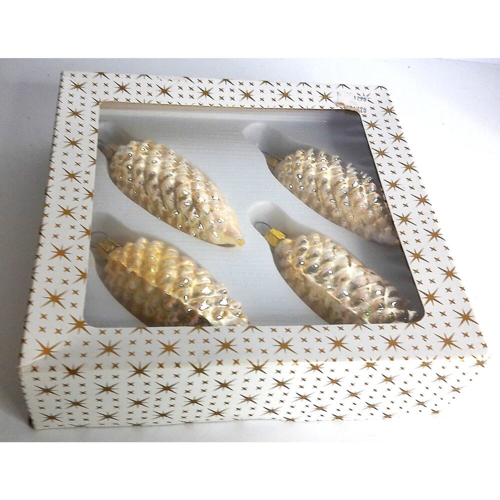Vintage West Germany White Glass Pinecone Christmas Ornaments Frosted Set of 4